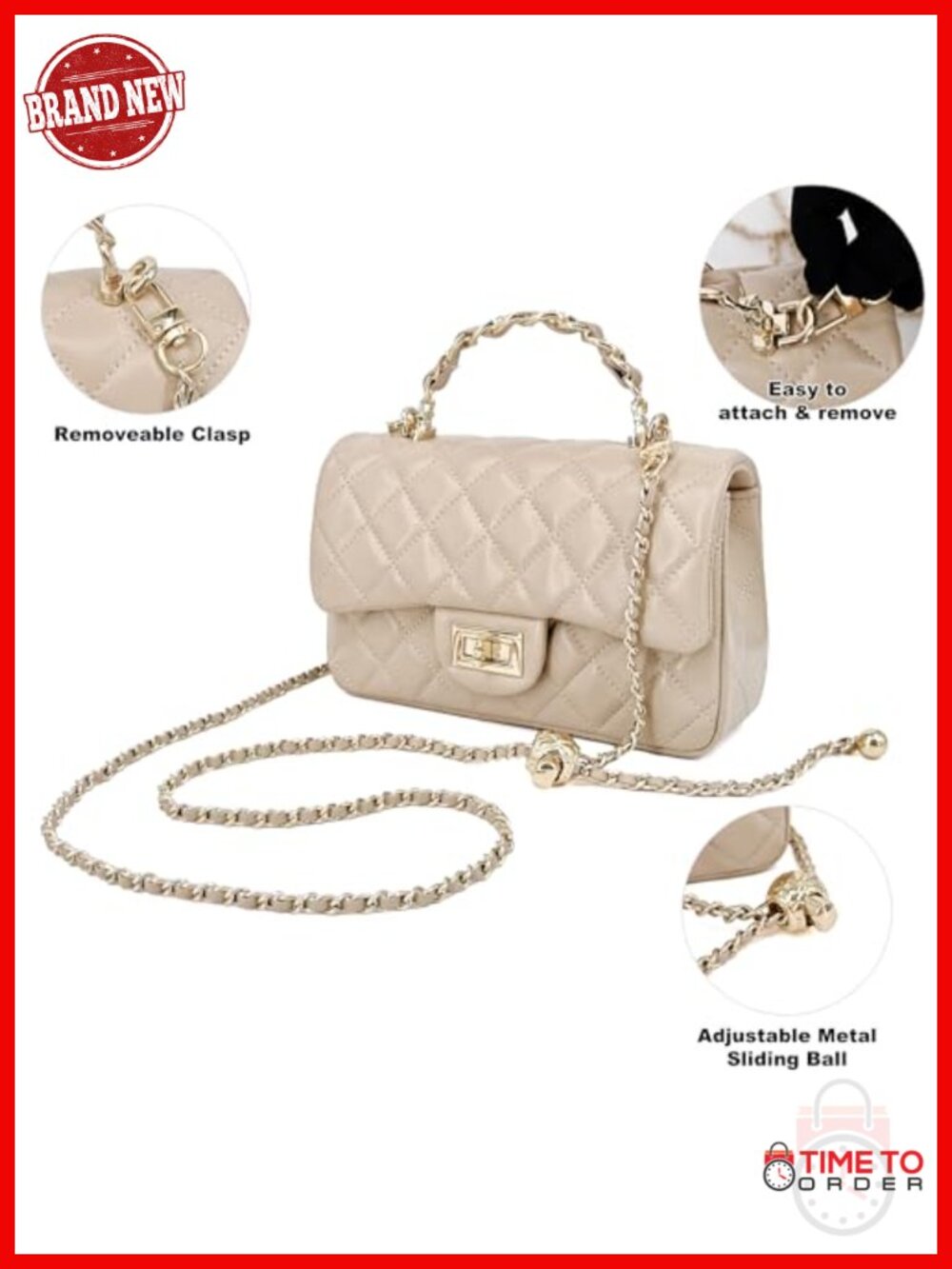 Small Quilted Crossbody Bag with Gold Chain Strap, Leather Shoulder Purse - Picture 2 of 6